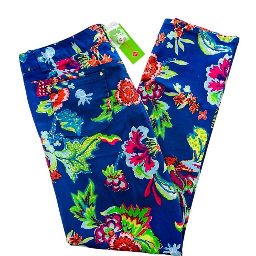 Island Republic Floral Blue Printed Stretch Jeans Size 14 NEW Bright Beach